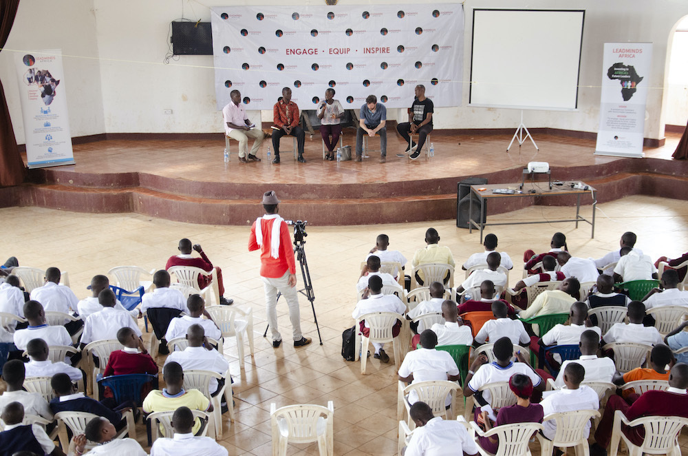 An overhead shot of a packed lecture hall full of LeadMinds Africa students.